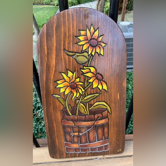 Other - 1970s Sunflowers in a Barrel Wood Wall Decor (13x7 inches)